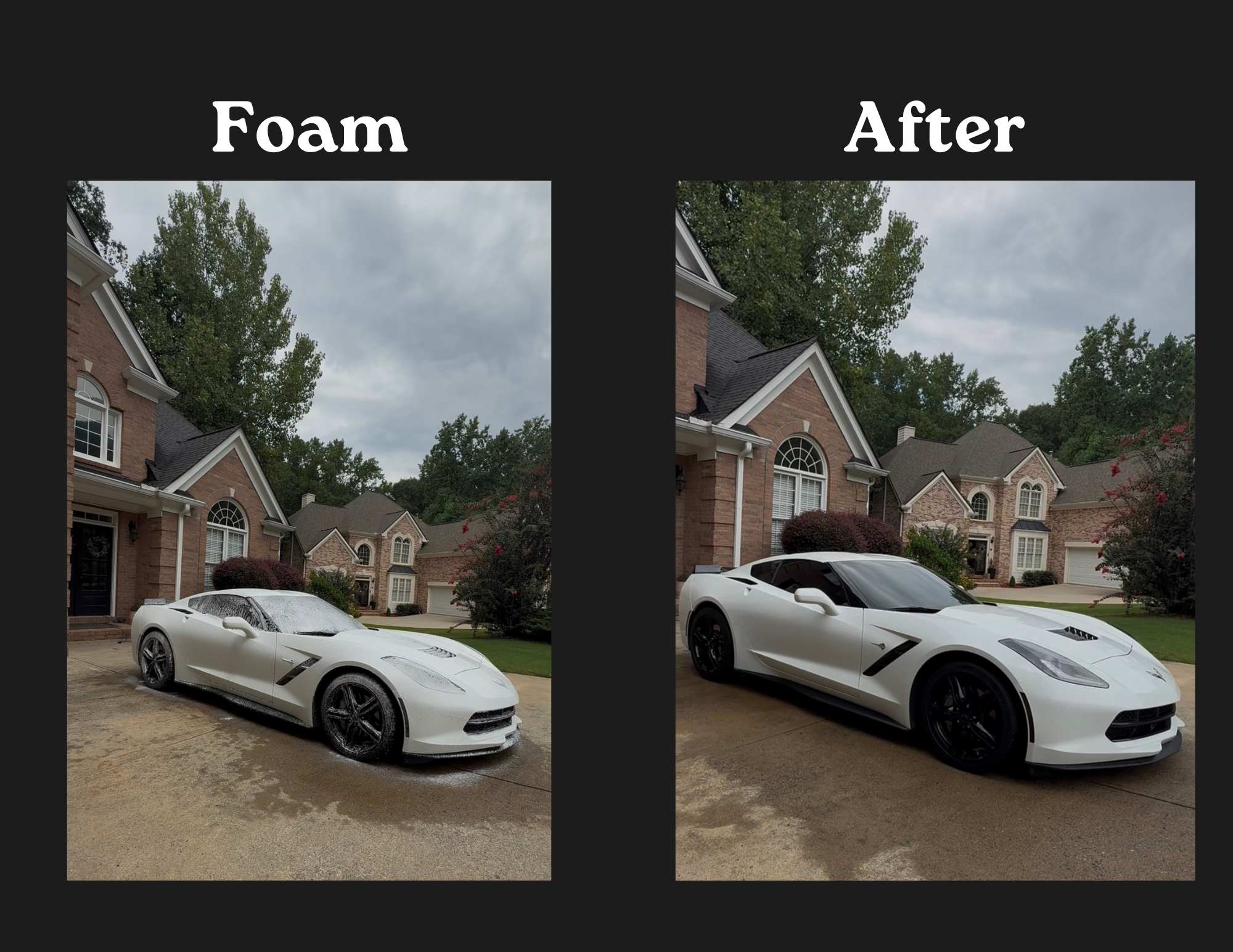 White Corvette during a foam wash and after detailing