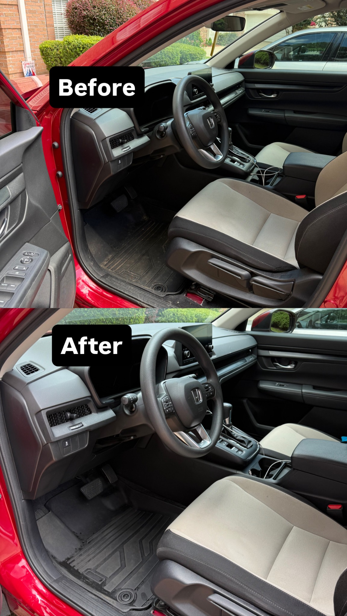 Red Honda front interior before and after detailing