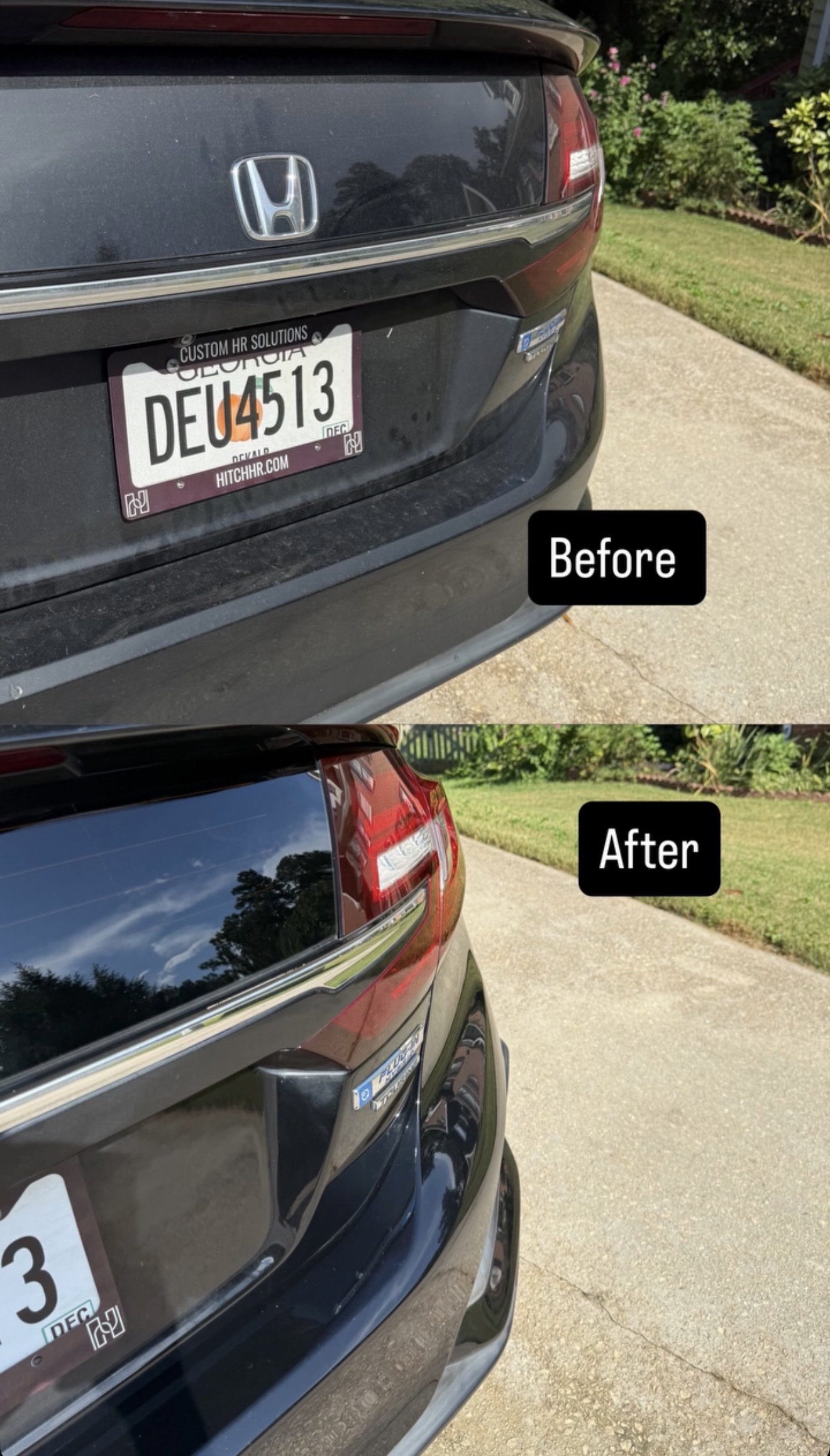 Black Honda rear exterior before and after detailing