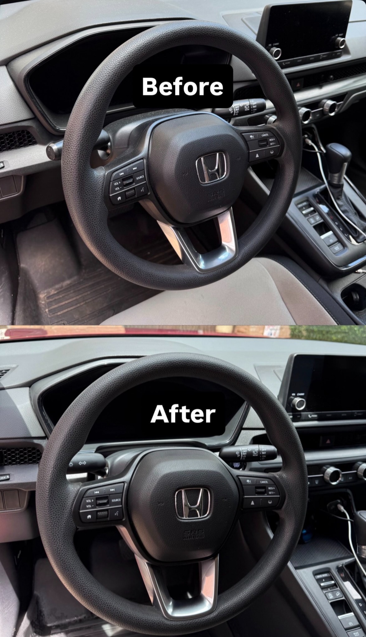 Honda steering wheel and dashboard before and after interior detailing